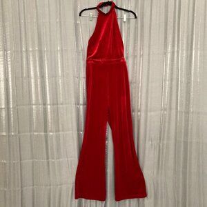halter top bell bottom red velvet jumpsuit